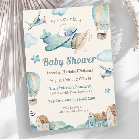 Meet and Greet Boy Baby Shower Invitation Storybook Illustration, Baby Boy Invitations, Storybook Theme, Aviation Theme, Puffy Clouds, Boy Shower Invitations, Bear Invitations, Boy Baby Shower, Baby Bear Baby Shower