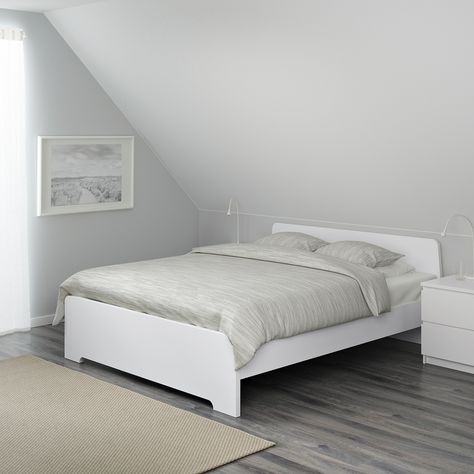 ASKVOLL Bed frame, white, Luröy, Full - IKEA Askvoll Bed, Ikea Askvoll, Cama Ikea, Cheap Bedroom Furniture, White Bed Frame, Cute Bedding, Full Bed Frame, Ikea Bed, White Bed