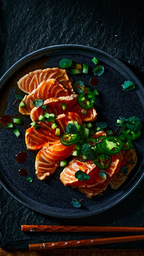 Served with a lime and jalapeño ponzu, this speedy salmon dish is a weeknight dinner winner. Best Chilli Recipes, Cheesy Baked Cauliflower, Salmon Tataki, Best Chilli, Baked Cauliflower Recipe, Salmon Soy Sauce, Jalapeno Recipes, Whole Roasted Cauliflower, Chilli Recipes