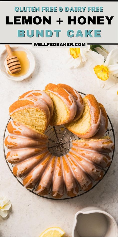 This lemon honey bundt cake is perfect for spring. It's a rich pound cake, sweetened with honey and coated with a lemon glaze. Gluten free & dairy free recipe. Gluten Free Honey Desserts, Gluten Free Bundt Cake Recipes, Dairy Free Bundt Cake, Lemon Recipes Gluten Free, Gluten Free Honey Cake, Honey Lemon Cake, Honey Bundt Cake, Gluten Free Lemon Pound Cake, Gluten Free Lemon Squares