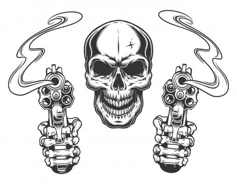 Skull aiming with two revolvers Free Vec... | Premium Vector #Freepik #vector #vintage Vintage Tattoos, Skull Stencil, Badge Template, Skeleton Illustration, Shape Tattoo, Skulls Drawing, Monochrome Art, Skull Illustration, Skull Tattoo Design