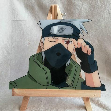 Kakashi Canvas Painting, Kakashi Glass Painting, Naruto Painting Easy, Naruto Glass Painting, Naruto Painting Ideas On Canvas, Bump Painting, Anime Canvas Painting, Embroidered Canvas Art, Naruto Painting