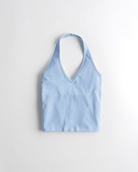 Cute and super soft, this top features a flattering halter silhouette and v-neckline. Slim Fit. Light Blue Tank Top, Womens Halter Tops, Chill Fits, Top Girls, Trendy Outfits For Teens, Cruise Outfits, Cute Preppy Outfits, Blue Tank Top, Cute Everyday Outfits