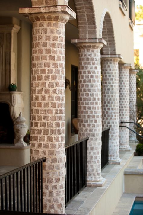 Round Brick Column Loggia with Brick Arches and Black Metal Railing Architectural Details TraditionalNeoclassical Tuscan Mediterranean Coastal French Provincial Porch Portico by Island Architects Black Metal Railing, Aluminum Porch Railing, Brick Arches, Porch Railing Designs, Tuscan Interior, Brick Porch, Patio Railing, Metal Railing, Brick Columns