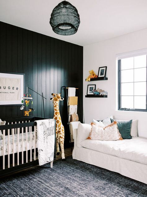 Dark Nursery, Safari Themed Nursery, Castle Nursery, Nursery Accent Wall, Black Nursery, Safari Theme Nursery, Gold Nursery, Nursery Room Inspiration, White Nursery