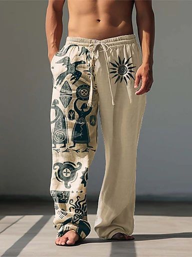 Men's Linen Pants Trousers Summer Pants Beach Pants Drawstring Side Pockets Elastic Waist Graphic Prints Feather Breathable Lightweight Daily Yoga For Vacation Casual Chinoiserie White Blue 2024 - E£666.16 Printed Linen Pants, Cotton Linen Trousers, Mens Trousers Casual, Mens Linen Pants, 90s Fashion Men, Linen Drawstring Pants, Cotton Linen Pants, High Street Fashion, Mens Linen