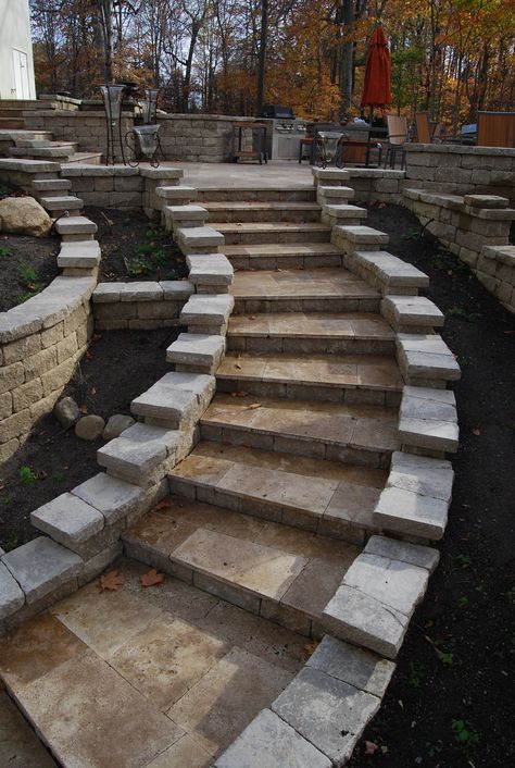 Travertine Steps, Hardscape, Pavers, Design, Fall Patios, Dayton Ohio, Cincinnati Ohio Paver Steps On Slope, Steps On Slope, Landscaping Hill, Walkway To Front Door, Travertine Steps, Modern Steps, Ohio Cincinnati, Hardscape Ideas, Pavers Design