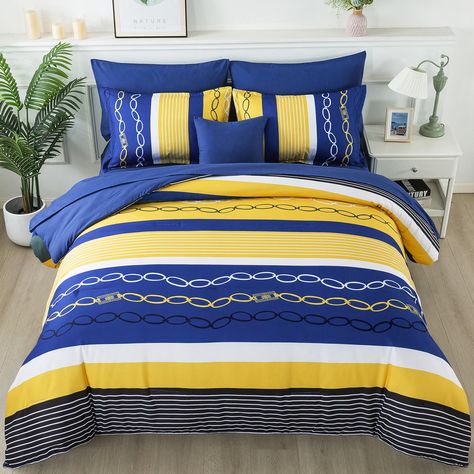 PRICES MAY VARY. 【Bed in a Bag Comforter Set 】8 pieces queen size bed in a bag includes 1 comforter(90"×90"),2pillow shams (20"x26"),2pillowcases(20"x30"),1fitted sheet(60"×80"+12"),1 flat sheet(90"×102"),1 decor pillowcase(15"×15"). 【Modern Reversible Striped Design】Reversible stripe comforter set design combines with boho pattern.A side is blue yellow and black stripe pattern,B side is elegant blue.Striped design with a boho pattern to add bedroom into classic and modern style. 【Premium Materi Navy Blue And Yellow Bedroom, Yellow And Blue Bedroom, Add Bedroom, Bedding Sets Blue, Yellow Boys Room, Blue And Yellow Bedroom, Navy Comforter Sets, Yellow Bedding Sets, Striped Comforter