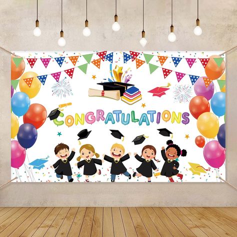 PRICES MAY VARY. Product Overview 🎉 This congrats grad background banner is a quintessential addition to any graduation celebration 🎓. The package includes a single congratulations banner adorned with vibrant graduation cap and scroll imagery, symbolizing achievement and success 🌟. Its festive design seamlessly integrates with other graduation party accessories, creating a cohesive and celebratory atmosphere 🎈. This graduation backdrop is not just a decoration; it becomes a focal point of th Congratulations Backdrop, Preschool Graduation Party, Backdrops Kids, Congratulations Banner, Backdrop Wall, Graduation Backdrop, Graduation Party Decorations, Graduation Design, Preschool Graduation