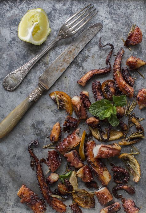 Roasted Octopus with Lemon & Rosemary – Pineapple Roasted Octopus, Moody Food Photography, Seafood Entrees, Lemon Rosemary, Luxury Food, Oven Dishes, Fresh Rosemary, Mediterranean Recipes, Beautiful Food