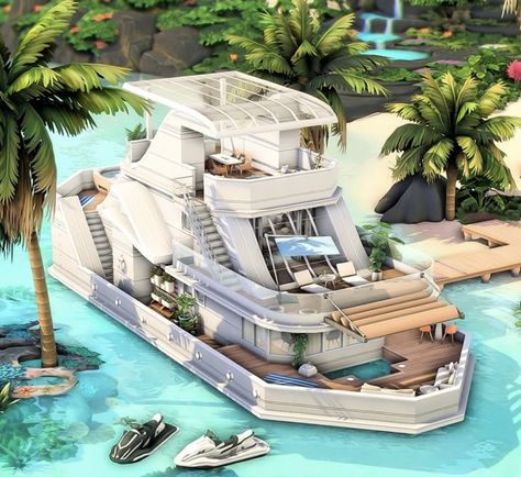 Bloxburg Boat Build, Bloxburg Yacht, Sims 4 Boat House, Sims 4 Coastal House, Sims 4 Beach House, Desert Luxe, Sims4 Houses, Modern Yacht, Casas The Sims Freeplay