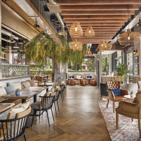 Here is a fabulous installation at Willow in Trentham Gardens. Garden Theme Restaurant Interior, Filipino Restaurant Interior Design, Trentham Gardens, Filipino Restaurant, Rooftop Restaurant Design, Bistro Design, Modern Restaurant Design, Foliage Leaves, Cafe Concept