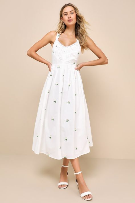 White Flower Dress, Cute Maxi Dress, White Embroidered Dress, White Cotton Dress, Spring Look, Floral Embroidered Dress, Casual Wedding Dress, Chambray Dress, Cotton Midi Dress