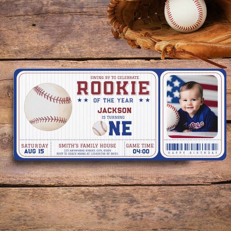 Rookie Year 1St Birthday Baseball Ticket Photo Invitation #zazzle #weddinginvitations #birthdayinvitations #babyshowerinvitations #zazzleinvitations #monogram #businesscards #graduation #homedecor Rookie Year 1st Birthday, Rookie Year First Birthday, 1st Birthday Baseball, 1st Birthday Invitations Boy, Sports Birthday Invitations, 64th Birthday, Baseball Ticket, Baseball Birthday Party, Rookie Of The Year