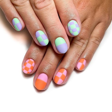 New Spring Nails, Bold Spring Nails, Two Different Colored Hands Nails, Different Color Hands Nails, Colorful Spring Nails, Fun Spring Nails, Nails July, Cute Funky Nails, Bohemian Nails