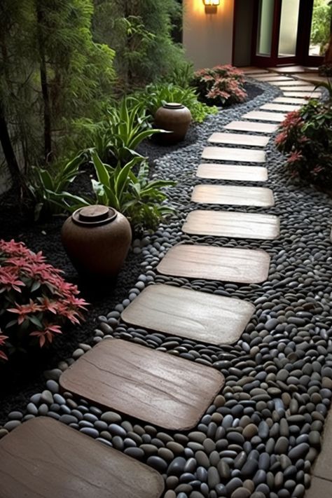 Step into a world of tranquility with garden stepping stones made of light red and dark bronze stones. Create smooth lines and soft focal points with terracotta and mood lighting for a serene garden escape. #WalkwayIdeas #GardenInspiration Step Stones, Garden Stepping Stones, Concrete Steps, Front Lawn, Smooth Lines, Walkway, Herb Garden, Light Red, Stepping Stones