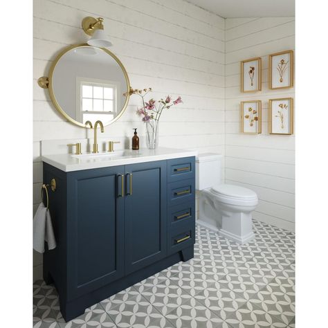 Cabana Bathroom, Blue Bathroom Vanity, Grey Bathroom Vanity, White Quartz Countertop, Marble Vanity Tops, Downstairs Bathroom, Bathroom Reno, Single Sink Bathroom Vanity, Bathroom Redo