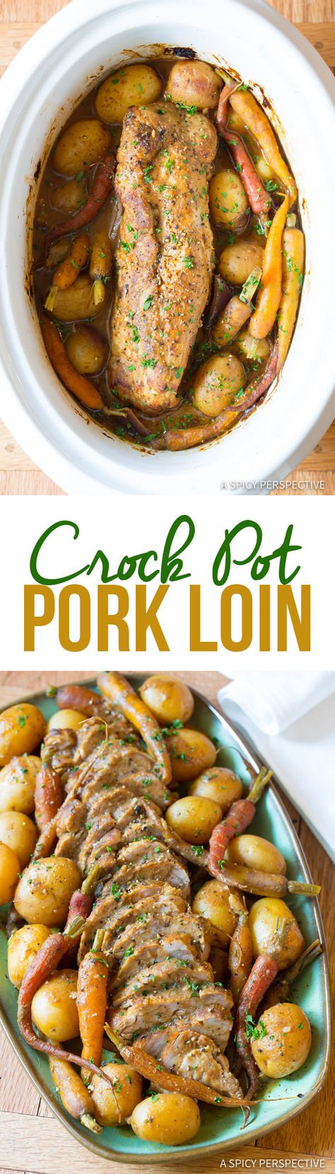 Rich and Tangy Crock Pot Pork Loin with Vegetables and Gravy | ASpicyPerspective.com Pork Loin Recipes Slow Cooker, Crock Pot Pork Loin, Crockpot Pork Loin, Slow Cooker Pork Loin, Pork Dinners, Crock Pot Pork, Pot Food, Crockpot Ideas, Coconut Dessert