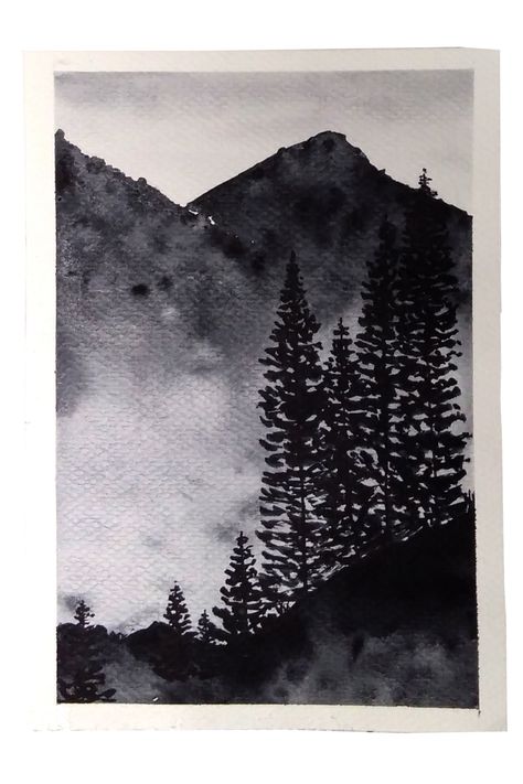 watercolor monochrome painting Watercolor Paintings Black And White, Landscape Black And White Painting, Black White Watercolor, Black White Watercolor Painting, Dark Watercolour Painting, Black And White Watercolor Painting Landscape, Black And White Forest Painting, Dark Forest Watercolor, Black Watercolor Art