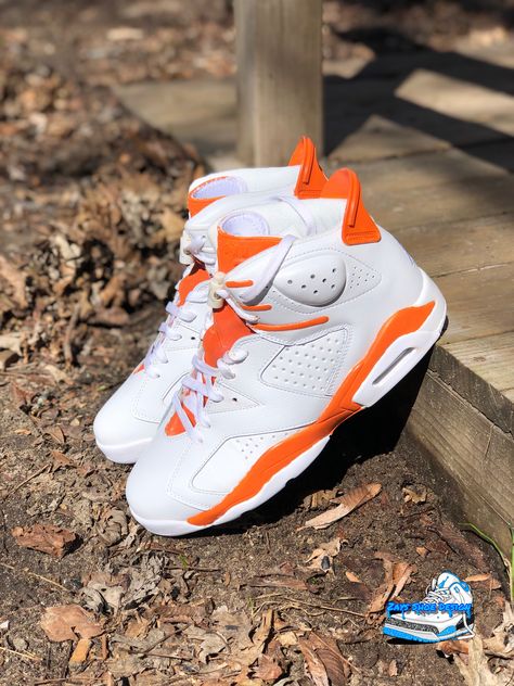 #zaysshoedesign #customshoe #customjordans #customjordan6s #jordans #nike #jordan6 Pigeon Toed Women, White Jordan Basketball Shoes With Round Toe, Orange Jordan Shoes With Cushioned Footbed And Round Toe, Nike Air Jordan Orange And White, Orange And White Jordans, White Jordan Shoes With Red Sole, Lace-up, Pigeon Toed, Basket Shoes, Custom Jordan