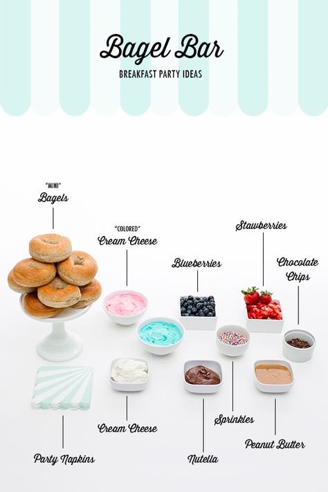 Breakfast Party Menu, Breakfast Buffet Table, Bagel Bar, Sweets Bar, Mini Bagels, Waffle Bar, Blueberry Chocolate, Breakfast Party, Fun Party Themes