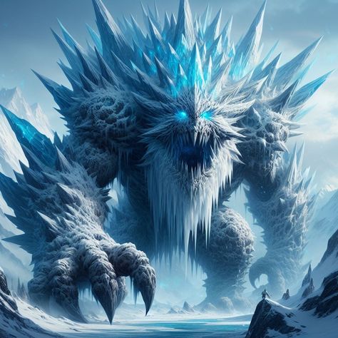 Ice Demon Fantasy Art, Mythical Winter Creatures, Ice Beast Fantasy Art, Ice Creature Fantasy Art, Frost Giant Art, Ice Zombie, Ice Creature, Ice Golem, Ice Elemental