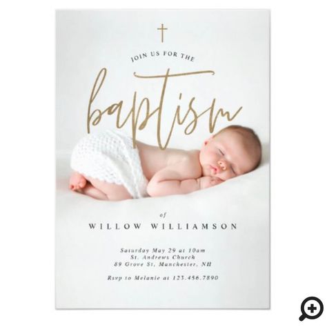 Celebrate your son or daughter’s baptism with our beautiful, modern and minimal design. Our design features a full photo layout, with the word “baptism” designed in a beautiful brush style script font in faux gold. The event details are beautifully laid out over the baby’s photo. The reverse side features a simple faux gold cross. #babybaptism #babybaptisminvitation #babybaptismphotoinvitation #baptism #baptisminvitation #babychristening #christeninginvitation #cross #baptismgoldcross  #minimal Baby Dedication Invitation, Dedication Invitations, Minimal Baby, Dedication Ideas, Baptism Card, Christening Decorations, Invitation Layout, Baptism Photos, Photo Layout