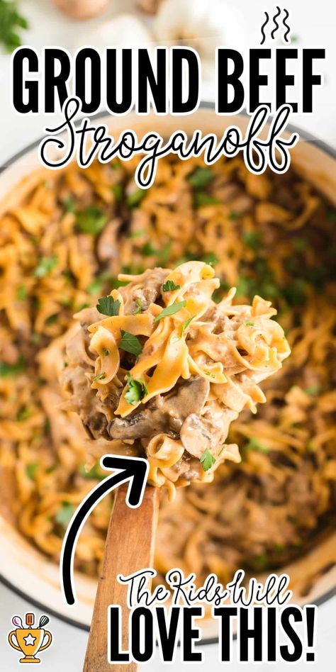 Creamy Ground Beef Stroganoff, ready in 30 minutes! Perfect for busy nights, this comforting dish is easy to make and family-approved. Stroganoff Recipe Ground Beef, Beef Stroganoff With Ground Beef, Creamy Ground Beef, Easy Beef Stroganoff, Beef Stroganoff Easy, Ground Beef Casserole Recipes, Crockpot Appetizers, Ground Beef Stroganoff, Stroganoff Recipe