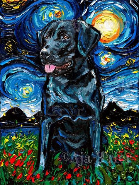 **Please note this is an art print. It is a reproduction of a past work - not an original. Dimensions - Choose from drop down menu Media - Fade resistant inks Support - High quality stretched canvas on .75 inch thick or 1.5 inch thick stretcher bars with the image continued on the side. Please note Art Starry Night, Hang Wall Decor, Black Labrador Dog, Lab Art, Labrador Art, Labs Art, Starry Night Art, Wall Decor Artwork, Animal Home