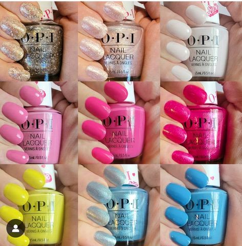 OPI Barbie collaboration with pink, blue, yellow, and glitter nail polishes Barbie Land, Opi Nail Polish Colors, Hi Barbie, Nail Base Coat, Opi Polish, Nail Polish Swatches, New Barbie, Best Nail Polish, Glitter Nail Polish