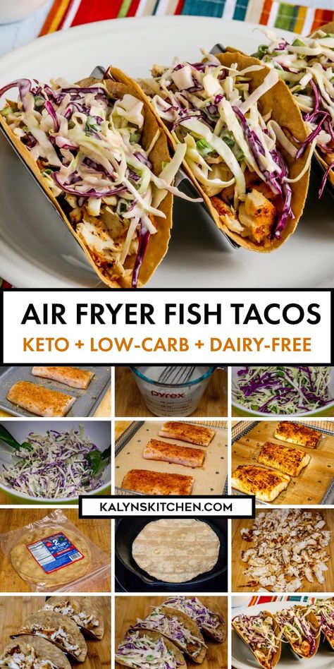 Pinterest image collage of 2 Air Fryer Fish Tacos in top photo and nine other photos of various steps involved in the preparation. Air Fryer Fish Tacos, Mahi Mahi Fish Tacos, Fish Tacos Tilapia, Taco Dishes, Fish Taco Recipe, Halibut Recipes, Air Fryer Fish, Body Makeover, Gluten Free Tortillas