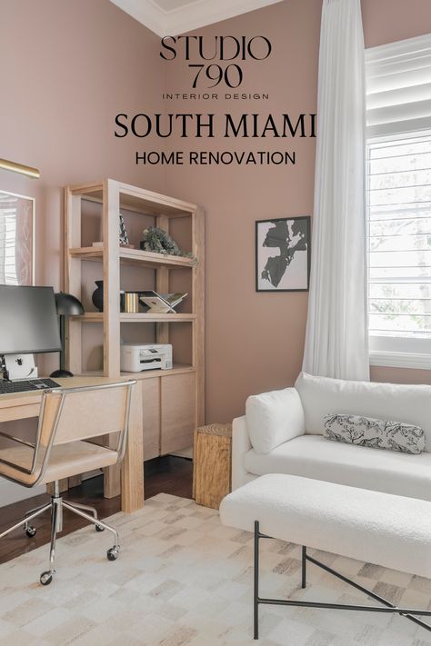 We transformed the space into a versatile office with a pullout sofa bed, anchored by a stunning mauve paint color for warmth and sophistication. Bookcases flank the desk, blending productivity with comfort to create a functional, inviting home office. #homeofficedecor #officedesign #functionalhomeoffice 
https://www.studio790.com/post/south-miami-home-renovation Small Office With Couch, Office With Couch And Desk, Office With Couch, Mauve Paint, Mauve Paint Colors, Pullout Sofa, Office Couch, South Miami, Pull Out Sofa