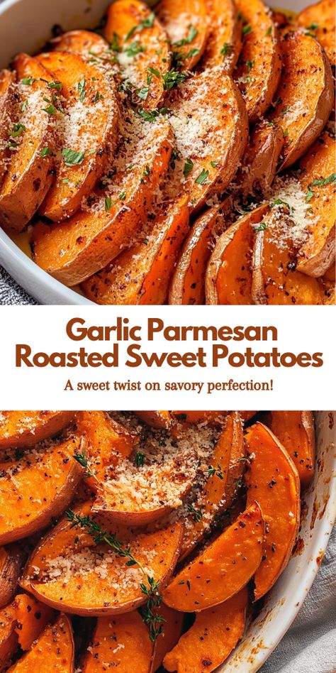 These Garlic Parmesan Roasted Sweet Potatoes are the ultimate side dish for any meal! Crispy on the outside, tender on the inside, and packed with flavor! 

Ingredients:

4 medium sweet potatoes, peeled and cut into cubes
4 tablespoons olive oil
6 garlic cloves, minced
1/4 cup grated Parmesan cheese
1 tablespoon dried oregano
1 tablespoon dried thyme
Salt and pepper to taste
1 tablespoon fresh parsley, chopped (for garnish) Roasted Garlic Parmesan Sweet Potatoes, Sweet Potatoes With Parmesan Cheese, Roasted Sweet Potatoes With Garlic And Parmesan, Roasted Cubed Sweet Potatoes, Sweet Potato Recipes Crispy, Herb Roasted Sweet Potatoes, Delicious Sweet Potato Recipes, Sweet Potato Sheet Pan Recipes, Crispy Sweet Potato Recipes