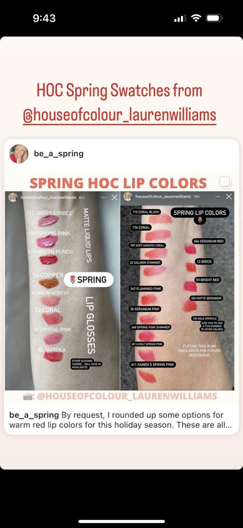 Lipstick For Spring Type, Warm Spring Lipstick Colors, House Of Colour Spring Lipstick, House Of Colour Spring Makeup, Bright Spring Makeup Products, True Spring Makeup, Paintbox Spring, Spring Lip Colors, Hoc Spring