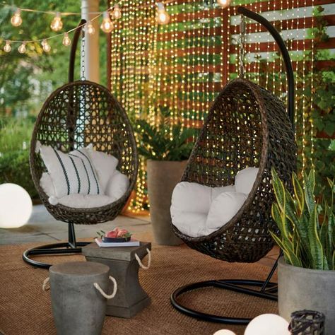 Outdoor Patio Furniture & Decor | Grandin Road Egg Shaped Chair, Led Globe String Lights, Hanging Chairs, Hanging Egg Chair, Globe String Lights, Summer Rolls, Image Svg, Grandin Road, Curtain Lights