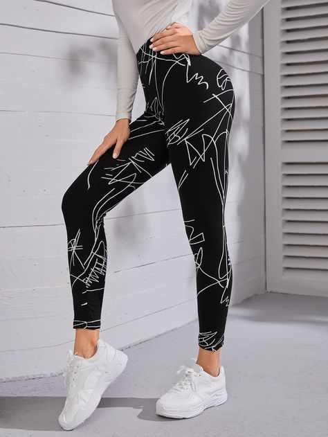 Black Casual   Polyester Graphic Regular Embellished Medium Stretch All Women Bottoms Sports Wear Fashion, Line Print, Couple Pajamas, Women Bottoms, Women Leggings, Legging Sport, Long Leggings, Leggings Women, Sports Wear