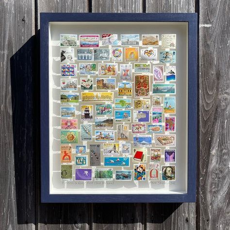 The pastimes and places around the world, unique to a special couple. Composed for just them. A Wedding present from Emma and her partner… | Instagram Postage Stamp Display, Stamp Collection Display, Stamp Collection Ideas, Postage Stamps Crafts, Stamp Collage, Stairway Decorating, Unique Framing, Stamp Frame, Postage Stamp Design