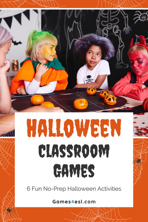 A classroom decorated for Halloween with 4 students dressed in Halloween costumes playing Halloween games. No Prep Halloween Games, Easy Classroom Halloween Games, Halloween Games For Classroom Party, Halloween School Games, Halloween Class Games, School Halloween Party Games, Halloween Games To Play, Halloween School Party Games, Spooky Classroom