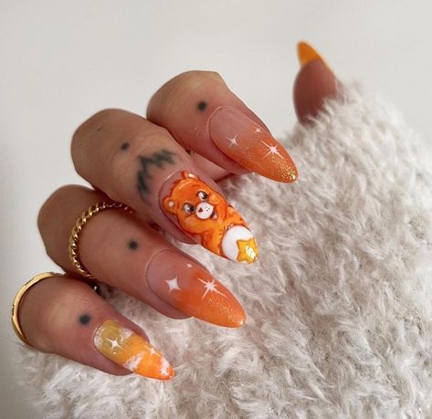 Fall Cartoon Nail Art, Green Care Bear Nails, The Lorax Nails, Short Character Nails, Velma Nails, Lorax Nails, Nail Design Cartoon, Gudetama Nails, Character Nail Designs