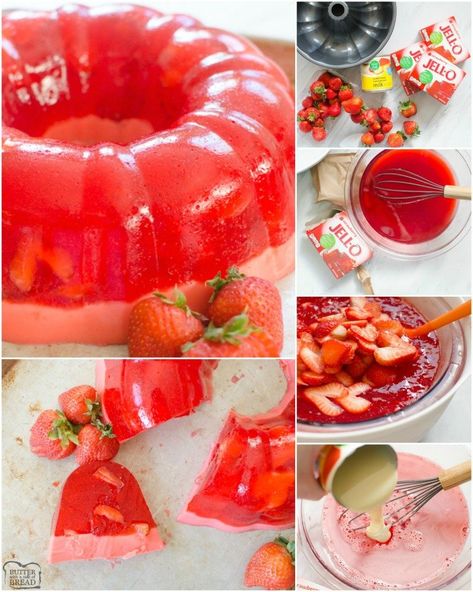 Bundt Pan Jello Recipes, Jello Bundt Cake, Strawberry Jello Mold, Jello Salad Mold, Fancy Jello, Layered Jello Recipe, Strawberry Jello Salad, Mold Recipes, Jello With Fruit