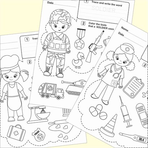 Community Helpers Printables Free, Art And Craft Occupation For Kids, Occupation Art And Craft For Preschool, Professions Activities For Kids, Colouring Pages Of Community Helpers, Community Helpers Coloring Pages, Printable Community Helpers, Match Community Helpers To Their Tools, Community Helpers Activity