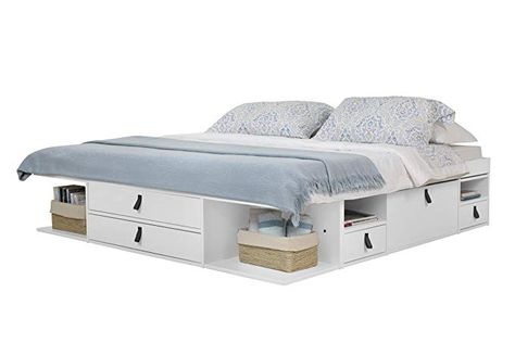 Amazon.com: Memomad Bali Storage Platform Bed with Drawers (Queen Size, Off White): Kitchen & Dining Bed With Storage Underneath, Queen Bed With Storage, Best Storage Beds, Shelf Bed, Bed Bases, Platform Bed With Drawers, Storage Platform Bed, Storage Platform, Bed Queen