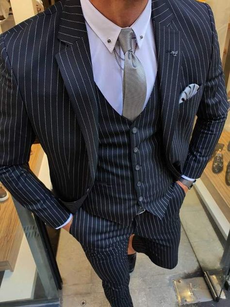 Stripe Suits For Men, Pin Stripe Suit Mens, Prom Suit Ideas, Gentlemen Lifestyle, Black Suit Vest, Dark Blue Suit, Gentleman Aesthetic, Pants Gift, Striped Vests