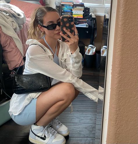 Outfit, summer, outfit inspo, blue nikes, dunks, blue dress, white button up, sunnies, girl, hairstyles, clip, black purse, mirror pic High Dunks Outfit, Dunks High Top, Dunks Outfits, High Dunks, Dunks High, Dunk Outfit, Dunks Outfit, Girl Mirror, Mirror Pic