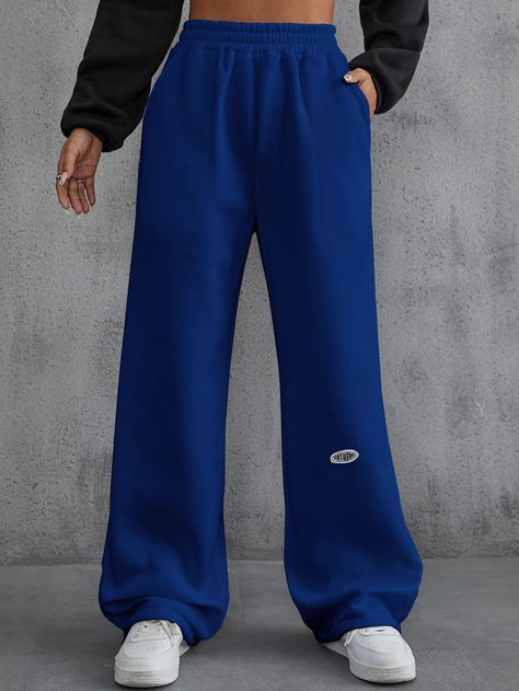 Royal Blue  Collar  Fabric Letter Straight Leg Embellished Non-Stretch All Women Clothing Blue Sweatpants Outfit, Sweatpants Outfit Women, Women Sweatpants, Pocket Sweatpants, Blue Sweatpants, Women Bottoms, Sweatpants Outfit, Hip Hop Outfits, Jogging Pants