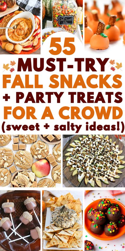 Fall snack ideas and autumn treats for a party, potluck, movie night, or Halloween or Thanksgiving gathering. These sweet and salty snacks include charcuterie boards, snack mixes, mini desserts and finger foods. Carry In Snack Ideas, Simple Snack Ideas For Party, Party Snacks Fall, Easy Snack Bar Ideas, Fall Chips And Dip, Fall Fruit Kabobs, Tailgate Food Dessert Sweets, Easy Fall Themed Snacks, Snack Ideas For A Party