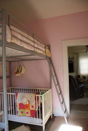 loft bed with a crib underneath, needs more head room, and I wouldn't want to change those sheets. by vol25, via Flickr Loft Bed Crib Underneath, Loft Bed Over Crib, Crib Bunk Bed Combo, Loft Bed With Crib, Bunk Bed With Crib Underneath, Loft Bed With Crib Underneath, Loft Toddler Bed, Bunk Bed Crib, Ikea Loft