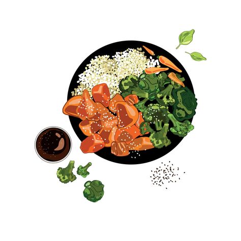 Pieces of chicken fillet with rice bowl and broccoli, young carrots in sauce drawn in a realistic cartoon style isolated on a white background.Chicken teriyaki bowl. Healthy food,Vector illustration Rice Bowl Ayam Teriyaki, Rice Bowl Illustration, Wellness Bowl, Healthy Food Illustration, Realistic Cartoon Style, Ayam Teriyaki, Teriyaki Chicken Rice Bowl, Teriyaki Chicken Bowl, Pollo Teriyaki