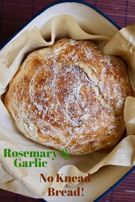 Rosemary Garlic No Knead Bread! That’s right a loaf of artisan bread that requires no kneading and just 6 simple ingredients then baked to perfection in your Dutch Oven!! Rosemary And Garlic No Knead Bread, Rustic Rosemary Bread, No Knead Rosemary Garlic Bread, Rosemary Dutch Oven Bread, Rosemary No Knead Bread, Wfpb Bread, No Knead Bread Dutch Oven, Dutch Oven No Knead Bread, Rustic Bread Recipe