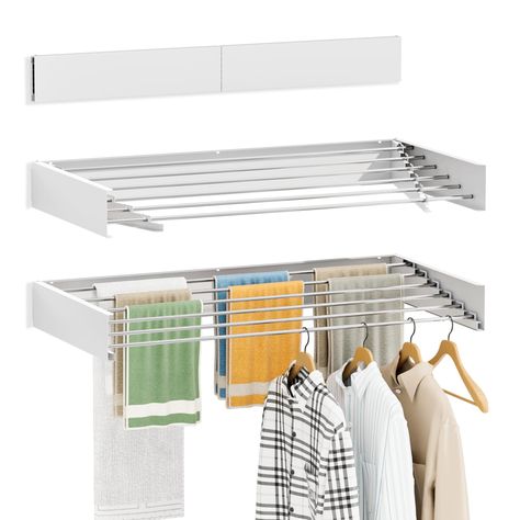 PRICES MAY VARY. 【SPACE SAVING】When the drying rack is folded when not in use, it is mounted on the wall only 0.9 inches thick and takes up almost no space. Totally an invisible hanger! 【OUTDOOR & INDOOR】Multifunctional clothes drying rack are suitable for indoor or outdoor use, bathroom, kitchen, laundry room, garage, hotel, dorm room, patio, mud room, outdoor pool, indoor pool and balcony...... 【LARGE DRYING SPACE 】When the foldable drying rack is fully extended, the 3 inches between the stain Collapsible Wall, Wall Mounted Clothes Drying Rack, Laundry Room Drying Rack, Wall Mounted Drying Rack, Laundry Drying Rack, Laundry Hanger, Laundry Rack, Drying Rack Laundry, Clothes Drying